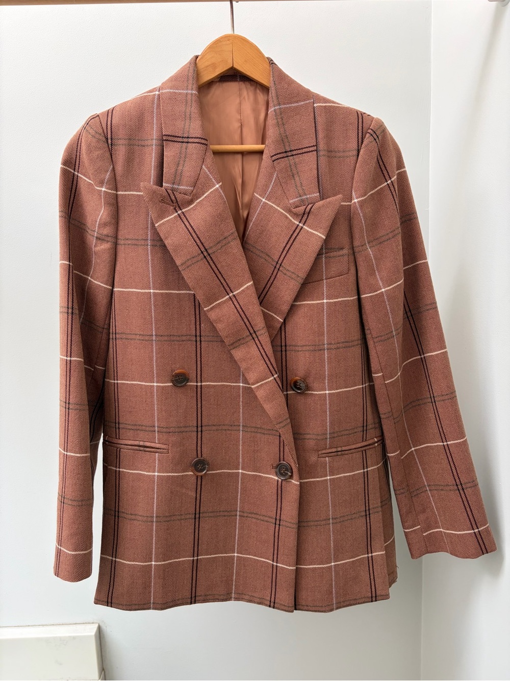 Women's Double-Breasted Plaid Blazer Jacket - Rust Pink